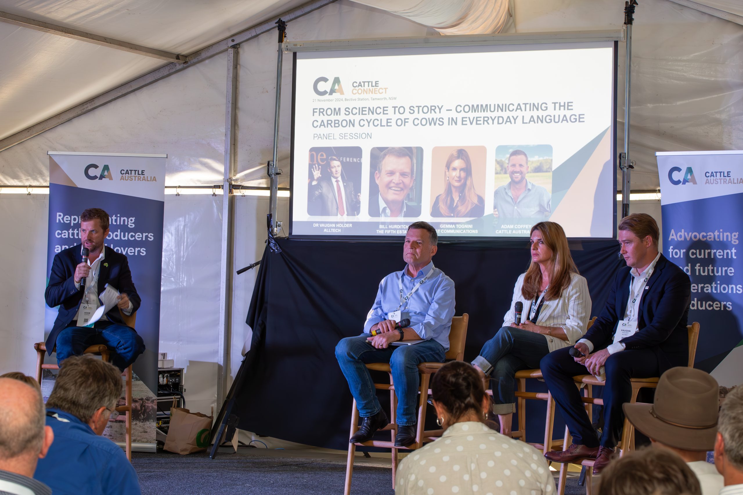 • CA Deputy Chair, Adam Coffey, facilitates the panel discussion on the question of ‘Communicating the carbon cycle of cows in everyday language’, featuring ecologist and founder of The Fifth Estate, Bill Hurditch, political commentator Gemma Tognini, and Alltech Global Beef Research Director, Dr Vaughn Holder.